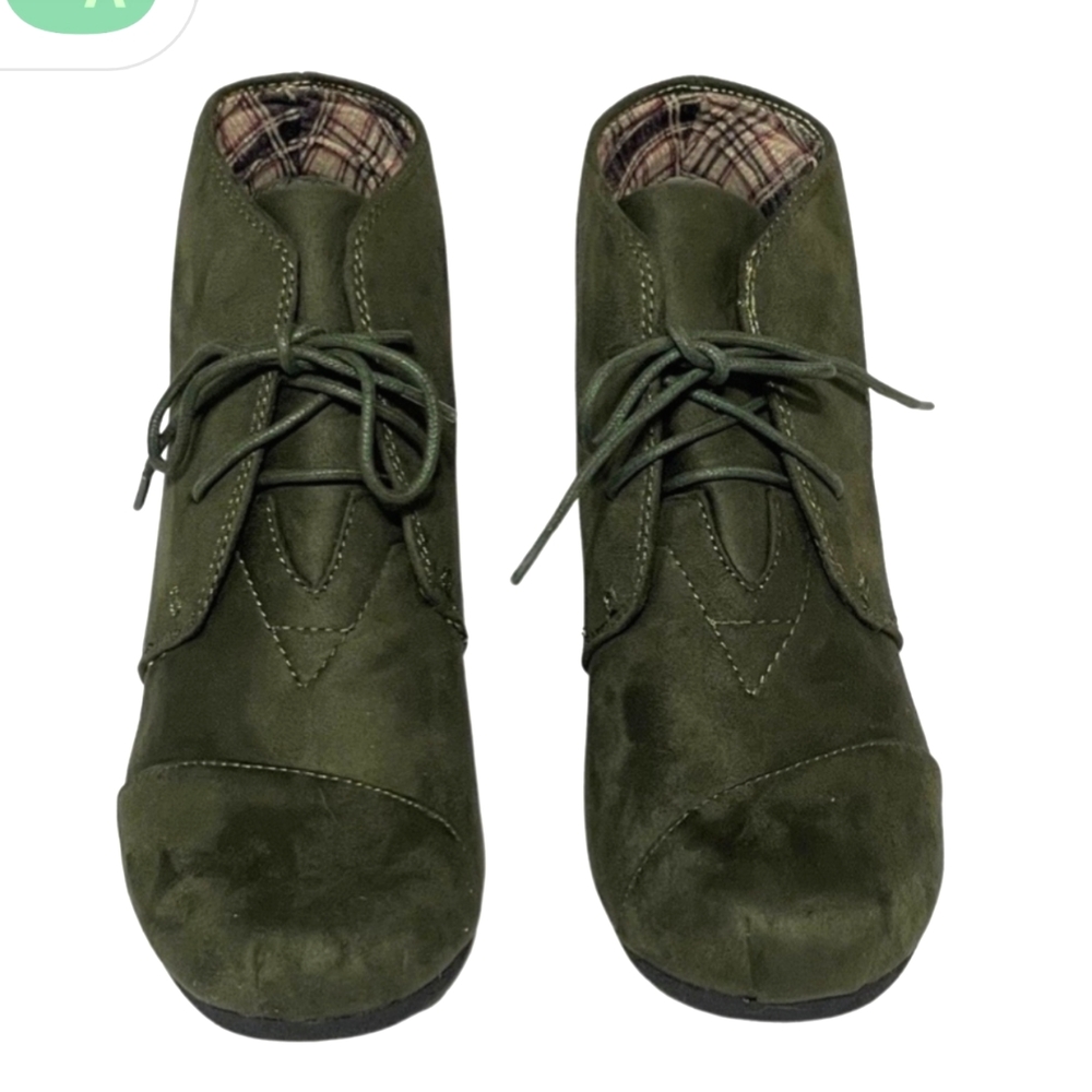 Dark olive wedge lace up ankle booties faux suedeNWOB